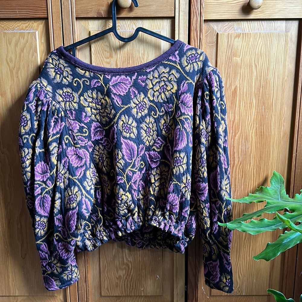 Free People No Ordinary Top Medium Floral Gold and Purple Puff Sleeve Open Back